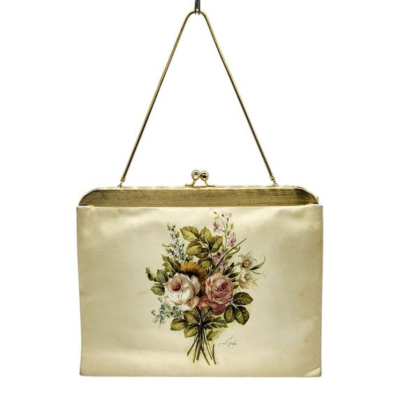 Vintage Cream & Gold Floral Artitalia Floral Image Handbag Purse Made in Italy - Picture 1 of 12